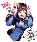  1girl \m/ armor bodysuit breasts brown_hair character_name chibi d.va_(overwatch) double_\m/ dual_persona facial_mark female gloves headgear headphones headset long_hair love_live!_school_idol_project nico_nico_nii onsta overwatch parody pauldrons pilot_suit plugsuit profanity rabbit signature skin_tight small_breasts smile solo sparkling_eyes transparent_background twintails whisker_markings white_gloves yazawa_nico 