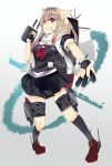  1girl bangs black_clothes blonde_hair cannon commentary_request fingerless_gloves gloves gradient gradient_background grin hair_flaps hair_ornament hair_ribbon hairclip highres holding holding_weapon kantai_collection looking_at_viewer neckerchief pigeon-toed pleated_skirt red_eyes remodel_(kantai_collection) ribbon rigging scarf school_uniform serafuku shiny shiny_skin shoes skirt smile socks thigh_strap torpedo weapon yet_you yuudachi_(kantai_collection) 