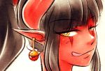  1girl bangs black_hair close-up demon_girl earrings face facial_mark female long_hair looking_at_viewer naughty_face original pointy_ears red_skin solo synth_(iahfy) tagme tongue tongue_out white_background yellow_eyes 