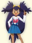  10s 1girl big_hair bishoujo_senshi_sailor_moon brown_eyes chibi_usa chibi_usa_(cosplay) contrapposto cosplay dark_skin highres index_finger_raised iris_(pokemon) long_hair meiji open_mouth pokemon pokemon_(game) pokemon_bw purple_hair school_uniform serafuku smile solo very_long_hair 