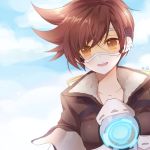  1girl artist_name atobesakunolove bangs bomber_jacket breasts brown_eyes brown_hair brown_jacket collarbone ear_piercing fur_trim goggles harness highres jacket open_mouth overwatch piercing pink_lips short_hair sleeves_rolled_up smile solo spiky_hair strap teeth tracer_(overwatch) upper_body 