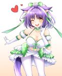  1girl ;d animal_ears arm_garter bangs bare_shoulders blue_bow blush bow breasts cat_ears cat_tail cinnamon_(sayori) cleavage collarbone crop_top detached_collar detached_sleeves ear_clip frills gloves gradient gradient_background green_ribbon hair_intakes hair_ornament hair_ribbon halterneck healther heart highres index_finger_raised large_breasts leaning_forward legs_apart long_hair midriff navel nekopara one_eye_closed open_mouth pantyhose puffy_sleeves purple_hair ribbon short_hair skirt smile solo stomach tail white_gloves white_legwear yellow_eyes 