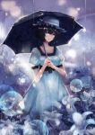  1girl 5pb. black_hair blue_background dress flower lily_(flower) mai_(xskdizzy) nitroplus rain rainbow science_adventure shiina_mayuri smile solo steins;gate umbrella 