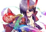  1girl alcohol bangs blunt_bangs breasts eyebrows eyeshadow fate/grand_order fate_(series) furisuku gourd horns japanese_clothes kimono liquid looking_at_viewer makeup oni oni_horns open_clothes open_kimono purple_hair revealing_clothes sakazuki sake shuten_douji_(fate/grand_order) simple_background small_breasts smile solo thick_eyebrows violet_eyes white_background 