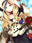  1girl aircraft airplane anchor_hair_ornament beret blonde_hair blue_eyes blue_hair breasts cleavage commandant_teste_(kantai_collection) hair_ornament hairclip hat kanna_(horntp) kantai_collection long_hair machinery multicolored_hair open_mouth redhead scarf solo streaked_hair twitter_username 