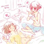  2girls barefoot blush cable cellphone charger chopsticks closed_eyes curtains directional_arrow drooling eating female food full_body futon heart indoors lying morishima_akiko multiple_girls navel noodles on_back open_mouth original partially_colored phone pillow plug ramen ramen short_hair sitting sleeping smartphone spread_legs stomach translation_request yuri 