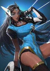  1girl black_hair black_legwear blue_background blue_dress breasts brown_eyes circlet cowboy_shot cyborg dark_skin diaodiao dress forehead_jewel hand_in_hair headgear holding holding_weapon jewelry long_hair looking_at_viewer mechanical_arm nail_polish necklace overwatch parted_lips pelvic_curtain short_sleeves solo symmetra_(overwatch) thigh-highs very_long_hair visor weapon 