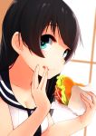  1girl :&lt; agano_(kantai_collection) aqua_eyes backlighting bacon bare_arms bare_shoulders black_hair breasts cleavage close-up closed_mouth collarbone eating eyelashes face food food_on_face hamburger highres holding holding_food kantai_collection looking_at_viewer onion sailor_collar salad short_hair solo suginoji tareme tomato upper_body vest white_vest window wiping_face wiping_mouth wrapper 