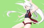  1girl ahoge animal_ears female green_background kisaragi_yuki_(sora_saki) long_hair midriff navel open_clothes open_shorts original shorts simple_background smile solo teeth white_hair wink yellow_eyes 