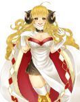  1girl ahoge anila_(granblue_fantasy) blonde_hair breasts cape cleavage female gloves granblue_fantasy hime_eyebrows horns large_breasts long_hair looking_at_viewer open_mouth ribbon_trim sheep_horns skirt smile solo thigh-highs yellow_eyes 