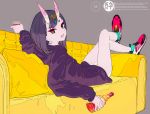  1girl :d absurdres alcohol alternate_costume cogecha couch cup drinking_glass eyeliner fang fate/grand_order fate_(series) highres hood hoodie horns legs_crossed looking_at_viewer lying makeup on_back oni oni_horns open_mouth purple_hair red_eyes shoes short_hair shuten_douji_(fate/grand_order) smile sneakers solo whiskey 