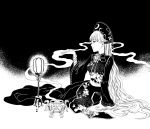  1girl bracelet breasts dress ears expressionless hand_up hat jewelry junko_(touhou) kyuu_umi lantern light long_hair long_sleeves looking_afar looking_to_the_side monochrome obi parted_lips pointy_nose ribbon sash sitting smoke solo spider_lily_print tabard touhou very_long_hair wide_sleeves yokozuwari 