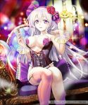  1girl :o bangs bare_shoulders bottle bow breasts chair chandelier collarbone copyright_name corset curtains flower garter_straps hair_between_eyes hair_flower hair_ornament hair_ribbon holding kuroi long_hair looking_at_viewer official_art perfume_bottle pink_legwear purple_bow ribbon see-through senjou_no_electro_girl silver_hair sitting smile solo sparkle thigh-highs violet_eyes 