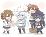  &gt;_&lt; 4girls ^_^ akatsuki_(kantai_collection) birthday_cake black_hair blue_eyes blush box brown_hair cake camera chibi closed_eyes confetti folded_ponytail food grey_eyes hammer_and_sickle happy_birthday hat hibiki_(kantai_collection) hizuki_yayoi ikazuchi_(kantai_collection) inazuma_(kantai_collection) kantai_collection long_hair multiple_girls pantyhose remodel_(kantai_collection) school_uniform serafuku short_hair silver_hair smile thigh-highs verniy_(kantai_collection) 