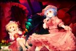  2girls ascot ashisu_(shisono) bat_wings blonde_hair blue_hair crystal dutch_angle fangs flandre_scarlet hat hat_ribbon looking_at_viewer mob_cap multiple_girls nail_polish open_mouth petals puffy_sleeves red_eyes remilia_scarlet ribbon sash shirt short_hair short_sleeves siblings side_ponytail signature sisters skirt skirt_hold skirt_set smile socks tongue tongue_out touhou vest white_legwear wings wrist_cuffs 