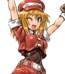  1girl ;d amania_orz arms_up belt black_gloves blonde_hair breasts capcom covered_navel gloves green_eyes hat long_hair medium_breasts one_eye_closed open_mouth outstretched_arms red_shorts rockman rockman_dash roll_caskett short_sleeves shorts simple_background smile solo white_background 