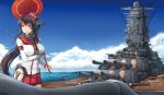  1girl anchor battleship breasts brown_hair cherry_blossoms chiyo_goya clouds detached_sleeves flower hair_flower hair_ornament headgear imperial_japanese_navy kantai_collection large_breasts long_hair military military_vehicle object_namesake ocean oriental_umbrella pleated_skirt ponytail radar radio_antenna red_skirt ship skirt solo turret type_96 umbrella very_long_hair warship watercraft wooden_deck yamato_(battleship) yamato_(kantai_collection) 