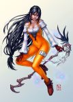  black_hair blouse bodysuit boots breasts cleavage earrings feathers final_fantasy final_fantasy_ix full_body garnet_til_alexandros_xvii gloves jewelry long_hair navel necklace orange_eyes shiroho-art simple_background skin_tight staff 
