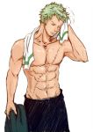  1boy abs green_hair male_focus muscle one-eyed one_piece roronoa_zoro scar simple_background solo topless towel white_background 
