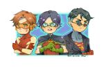  2016 3boys bart_allen black_hair blue_eyes brown_hair cape crossed_arms dated dc_comics domino_mask earring glasses gloves goggles green_gloves impulse jacket kon-el male_only mask multiple_boys red_gloves robin_(dc) sunglasses superboy tim_drake undercut yellow_eyes young_justice 