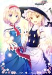  2girls :d akane_hazuki alice_margatroid apron asymmetrical_hair belt black_dress black_hat blonde_hair blue_dress blue_eyes border bow braid brown_eyes buttons closed_mouth dress eyebrows eyebrows_visible_through_hair flower foreshortening frilled_apron frills hair_bow hand_holding hat hat_bow interlocked_fingers kirisame_marisa long_hair looking_at_viewer multiple_girls necktie open_mouth outstretched_arm red_necktie shirt short_hair single_braid smile spread_fingers tareme touhou waist_apron white_apron white_bow white_shirt witch_hat wrist_cuffs 