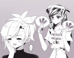  2girls atobesakunolove bangs black_hair blush braid buttons clothes_writing collarbone eye_of_horus eyeliner facial_mark facial_tattoo fan hair_tubes hand_on_own_cheek hand_on_own_face headband headgear holding_fan makeup mechanical_halo mercy_(overwatch) monochrome overwatch paper_fan pharah_(overwatch) ponytail shirt short_hair short_sleeves side_braids simple_background skirt smile solo sweatdrop swept_bangs tattoo turtleneck upper_body 