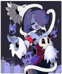  1girl bare_shoulders blue_skin breasts closed_eyes detached_collar detached_sleeves hair_over_one_eye leviathan_(skullgirls) long_hair music musical_note side_ponytail singing skull skullgirls squigly_(skullgirls) stitched_mouth striped striped_sleeves zombie 