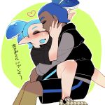  &lt;3 2boys blush dark_skin domino_mask hug inkling multiple_boys nintendo pointy_ears ponytail sitting splatoon tentacle tentacle_hair yaoi 