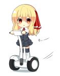  1girl :d black_legwear black_skirt black_vest blonde_hair boots chibi eyebrows eyebrows_visible_through_hair frilled_shirt_collar frills full_body hair_between_eyes hair_ribbon long_hair long_sleeves looking_at_viewer neck_ribbon open_mouth red_eyes red_ribbon ribbon riding rumia segway shirt simple_background skirt smile solo takapi_3 touhou vest white_background white_boots white_shirt 