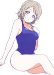 1girl blue_eyes blush breasts brown_hair competition_swimsuit highres icehotmilktea looking_at_viewer love_live! love_live!_school_idol_project love_live!_sunshine!! medium_breasts one-piece_swimsuit short_hair solo swimsuit watanabe_you 
