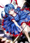  1girl animal_ears bangs blue_dress blue_hair closed_mouth crescent dress expressionless holding kine long_hair mallet moon outstretched_arms puffy_short_sleeves puffy_sleeves rabbit_ears red_eyes sameya seiran_(touhou) short_sleeves solo star star_print touhou 