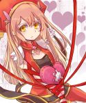 1girl artist_request bound bound_arms brown_hair collarbone dipladenia_(flower_knight_girl) flower flower_knight_girl hair_ornament hat heart heart_background long_hair looking_at_viewer red_ribbon ribbon sidelocks sleeveless solo yellow_eyes 