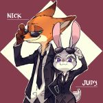    artist_request bunny_tail character_name disney fox fox_ears fox_tail furry glasses green_eyes judy_hopps looking_at_viewer nick_wilde purple_background rabbit rabbit_ears simple_background smile standing sunglasses tail text upper_body violet_eyes zootopia 