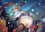  1girl ass bangs bell black_gloves black_legwear blurry bow box capelet closed_mouth depth_of_field dress elbow_gloves eyebrows eyebrows_visible_through_hair fate/grand_order fate_(series) gift gift_box gloves hair_bow hair_ribbon headpiece high_heels jeanne_alter jeanne_alter_(santa_lily)_(fate) leaning_forward leg_up long_hair looking_at_viewer looking_back motion_blur night night_sky outdoors panties pine_tree pole ribbon ruler_(fate/apocrypha) silver_hair sky snowing solo star thigh-highs tree underwear upskirt wedgie white_dress white_panties winter xiaosan_ye yellow_eyes 