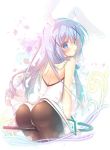  1girl animal_ears ass back bare_shoulders black_legwear blue_eyes blue_hair blush bunny_tail bunnysuit cane card fake_animal_ears gochuumon_wa_usagi_desu_ka? hairband kafuu_chino long_hair looking_at_viewer mitsumomo_mamu pantyhose playing_card rabbit_ears solo tail wrist_cuffs x_hair_ornament 