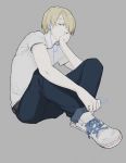  1boy alternate_costume artist_request blonde_hair blue_eyes chin_rest earphones full_body hair_over_one_eye headphones indian_style male_focus one_piece sanji shoes short_sleeves simple_background sitting sneakers solo source_request 