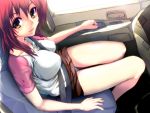  breasts car car_interior er_(artist) highres large_breasts legs long_hair motor_vehicle multicolored_eyes original panties red_hair redhead seatbelt shorts smile solo strap_cleavage vehicle 