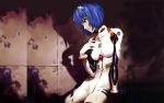  blue_hair highres neon_genesis_evangelion official_art plugsuit red_eyes sadamoto_yoshiyuki shadow short_hair wall wallpaper 