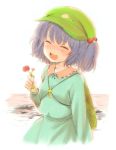  bag blue_hair closed_eyes flower hair_bobbles hair_ornament happy hat ica kawashiro_nitori smile tears touhou 