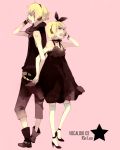  bad_id black_dress blonde_hair blue_eyes dress hair_ribbon hand_holding hand_on_headphones headphones highres holding_hands kagamine_len kagamine_rin mig_(36th_underground) ribbon siblings twins vocaloid 