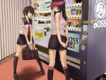  800x600 bad_id bag black_hair brown_hair funaba hitori_(htr_t) long_hair looking_back multiple_girls original satchel school_uniform serafuku short_hair vending_machine visor visor_cap 