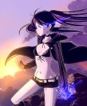  belt bikini_top black_hair black_rock_shooter black_rock_shooter_(character) blue_eyes boots bowieknife cape choker clenched_hand cloak cloud flat_chest front-tie_top gloves glowing glowing_eyes hood jacket knee_boots long_hair midriff mountain pale_skin purple_hair scar short_shorts shorts solo star sunset twintails uneven_twintails wind 