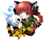  animal_ears braid cat_ears extra_ears fang flower hair_ribbon kaenbyou_rin looking_at_viewer red_eyes red_hair redhead ribbon short_hair skull touhou twin_braids twintails yamadori_ofuu 