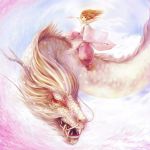  brown_eyes cherry_blossoms dragon flying highres long_hair onei-akira original petals teeth 