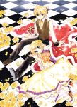  blonde_hair blue_eyes cape checkerboard checkered crown dress flower formal hair_ornament hairclip kagamine_len kagamine_rin lying m-ca on_side siblings sitting smile twins vocaloid 