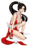  black_eyes black_hair breasts cleavage fatal_fury king_of_fighters kneeling large_breasts legs long_hair pon ponytail rope shiranui_mai simple_background solo squat 