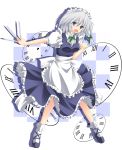  blue_eyes braid clock izayoi_sakuya knife maid open_mouth silver_hair touhou twin_braids yuurakudou_kurono 