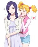  2girls annoyed blonde_hair blue_hair casual closed_eyes fresh_precure! fresh_pretty_cure! futari_wa_pretty_cure heart higashi_setsuna highres ichikawa_masahiro looking_away momozono_love multiple_girls precure twintails 