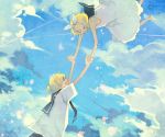  blonde_hair closed_eyes cloud clouds dress hair_ribbon hand_holding holding_hands kagamine_len kagamine_rin mig_(36th_underground) ribbon sailor_collar sailor_dress siblings sky twins vocaloid 