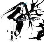  bikini_top black_rock_shooter black_rock_shooter_(character) blue_eyes boots cape ham ham_(eikasiahhh) long_hair midriff monochrome navel shorts simple_background spot_color twintails 